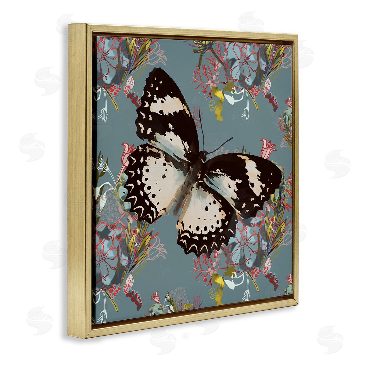 Butterfly On Blue Pink Pattern Gold Floating Frame Canvas Wall Art, Home Decor by Karen Dreyfus