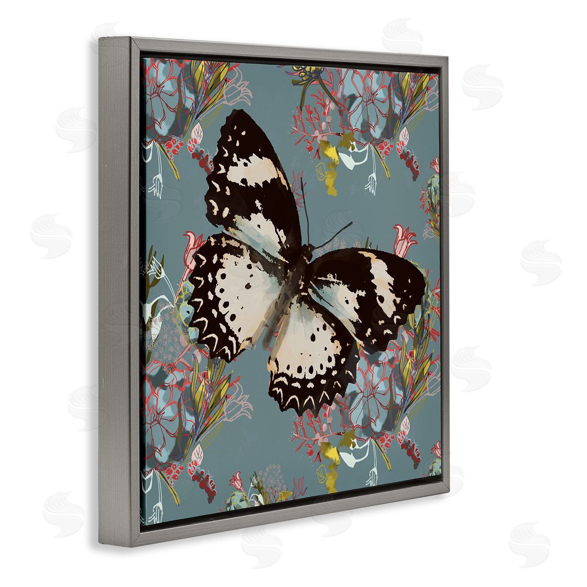 Butterfly On Blue Pink Pattern Grey Floating Frame Canvas Wall Art, Home Decor by Karen Dreyfus
