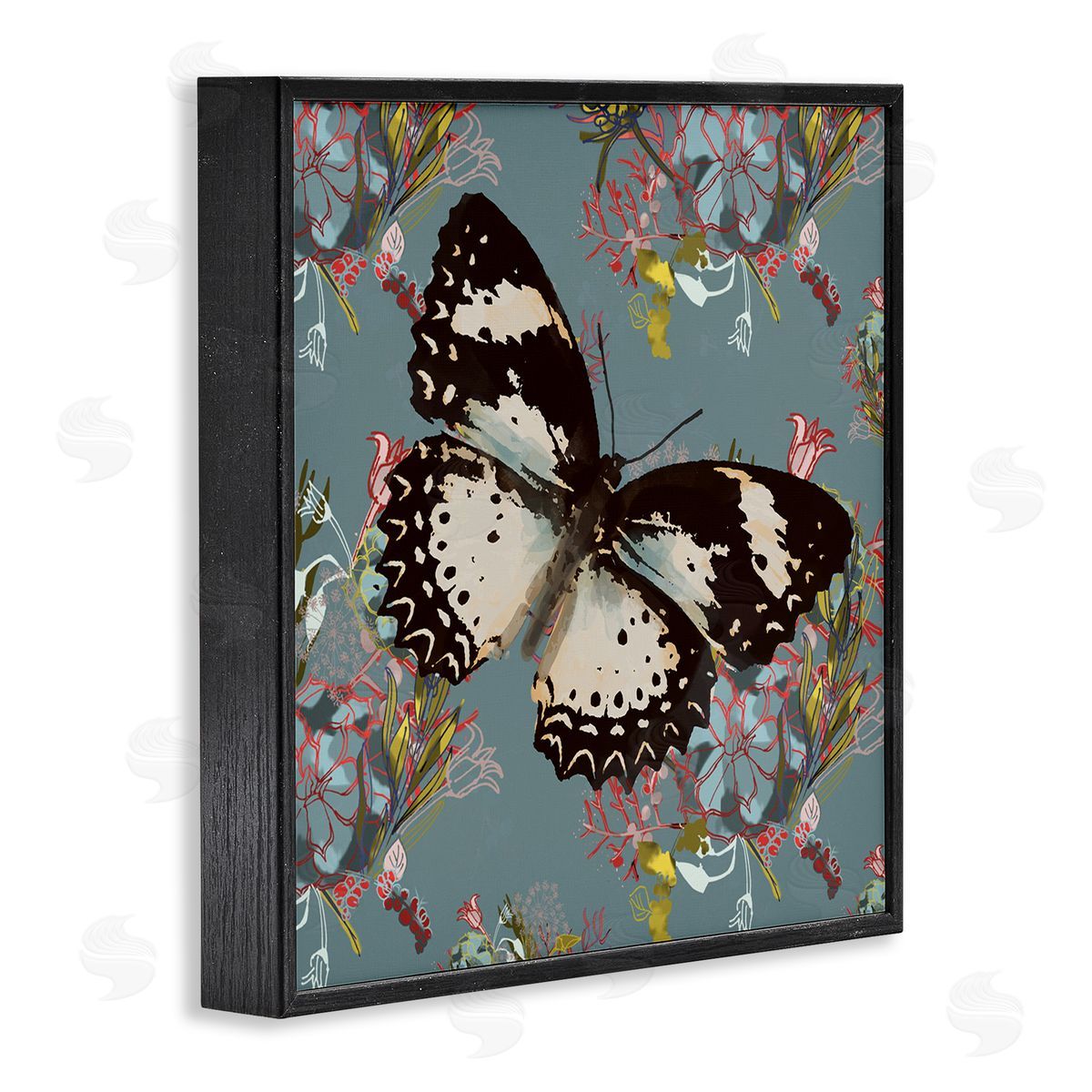 Butterfly On Blue Pink Pattern Black Frame Print Wall Art, Home Decor by Karen Dreyfus