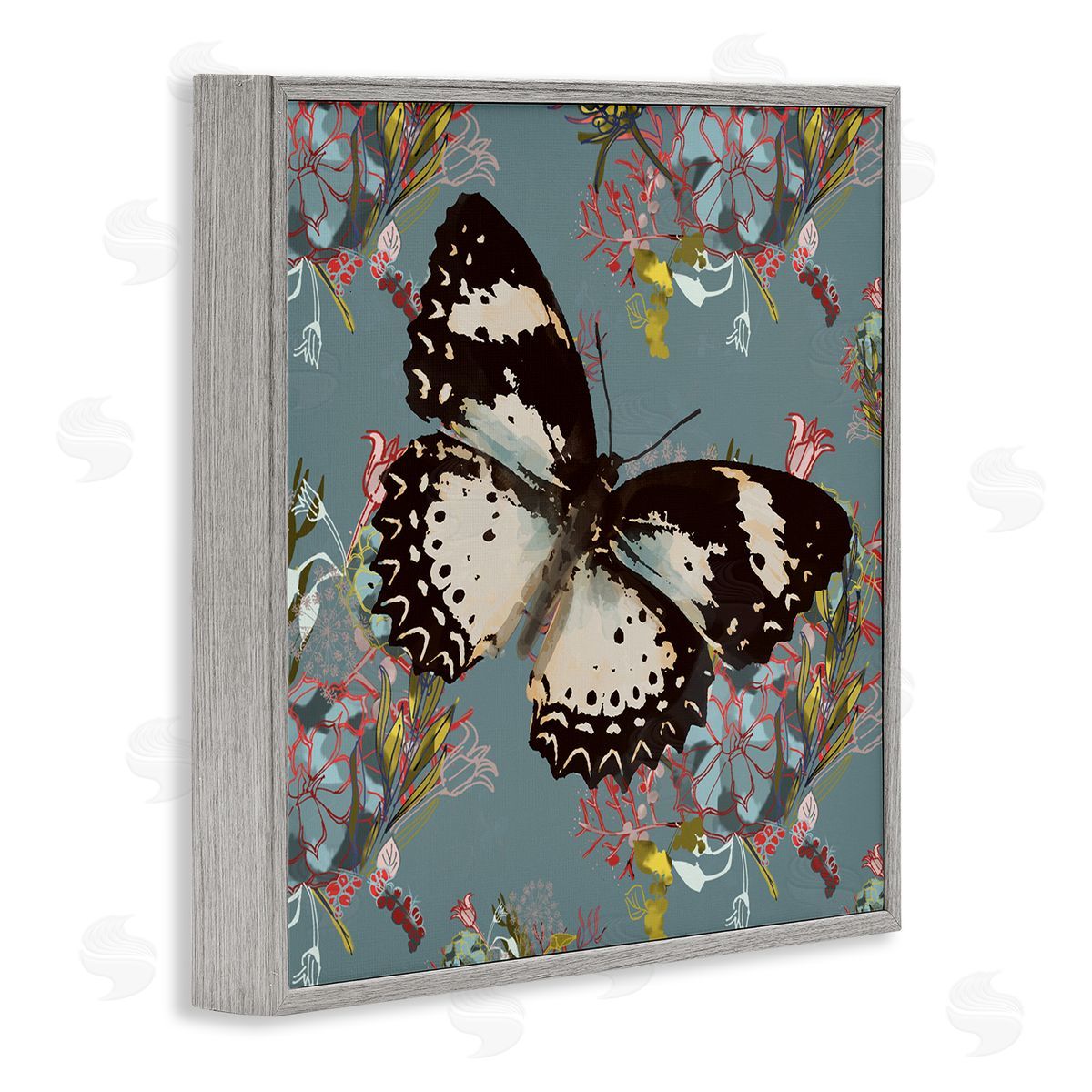 Butterfly On Blue Pink Pattern Grey Frame Print Wall Art, Home Decor by Karen Dreyfus