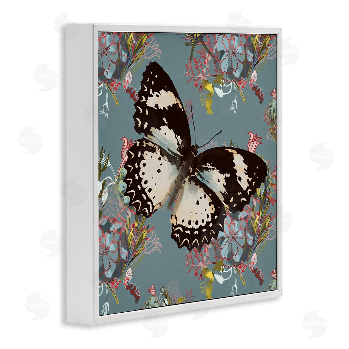 Butterfly On Blue Pink Pattern White Frame Print Wall Art, Home Decor by Karen Dreyfus