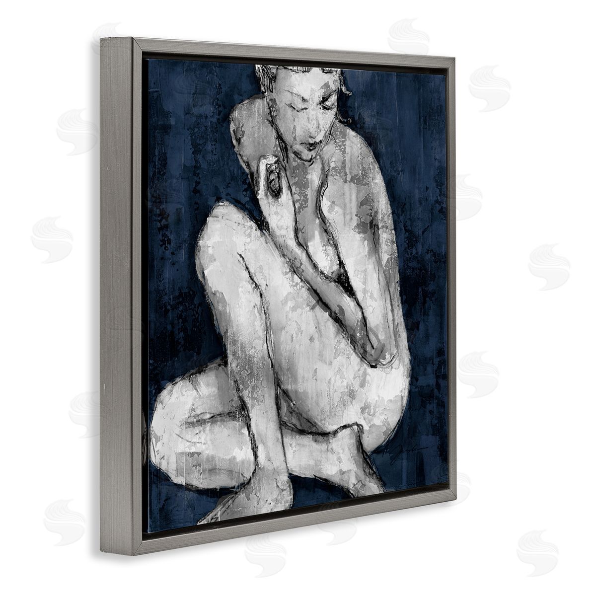 Female Figure Grey Blue Grey Floating Frame Canvas Wall Art, Home Decor by Liz Jardine