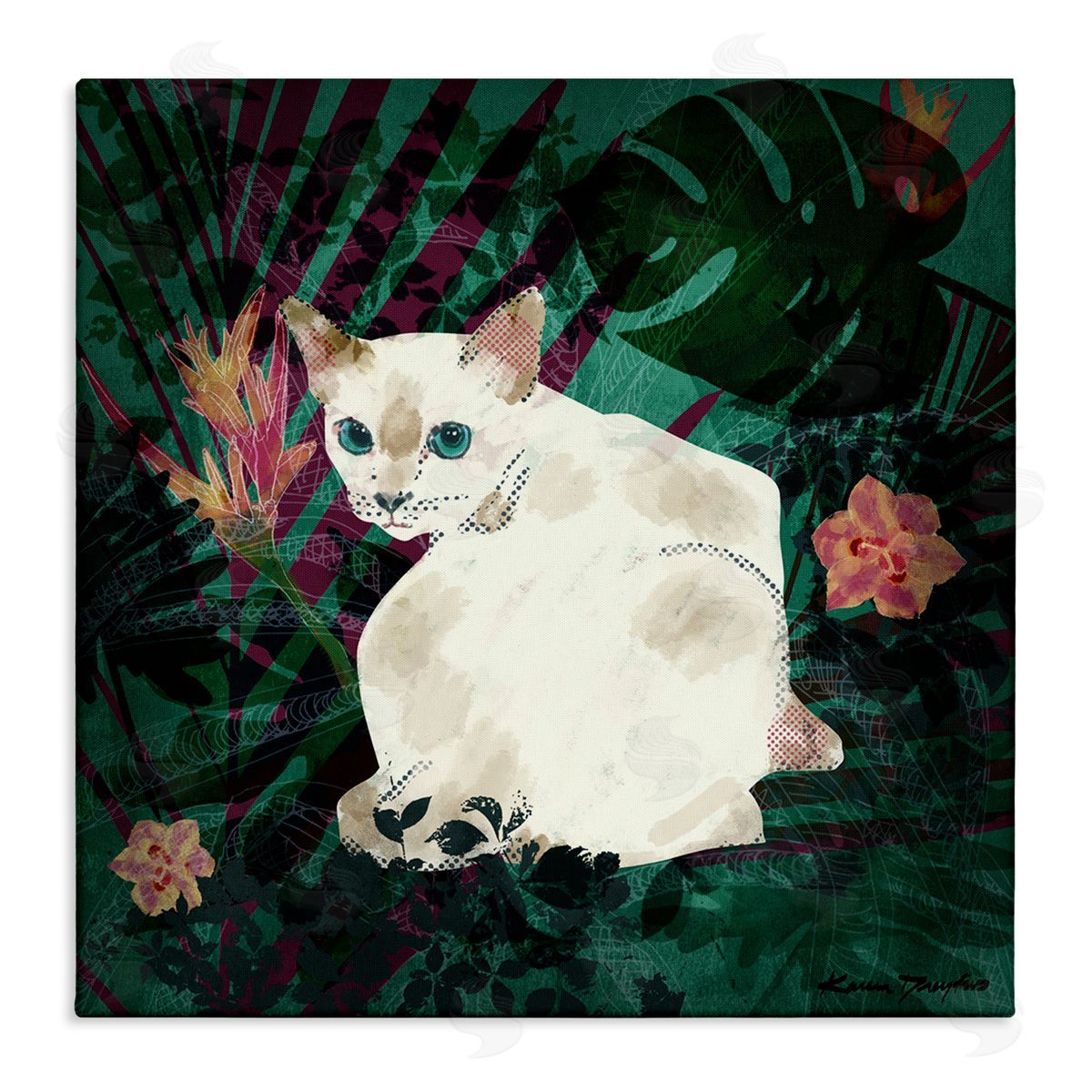 White Cat Flower Collage Canvas Wall Art, Home Decor by Karen Dreyfus