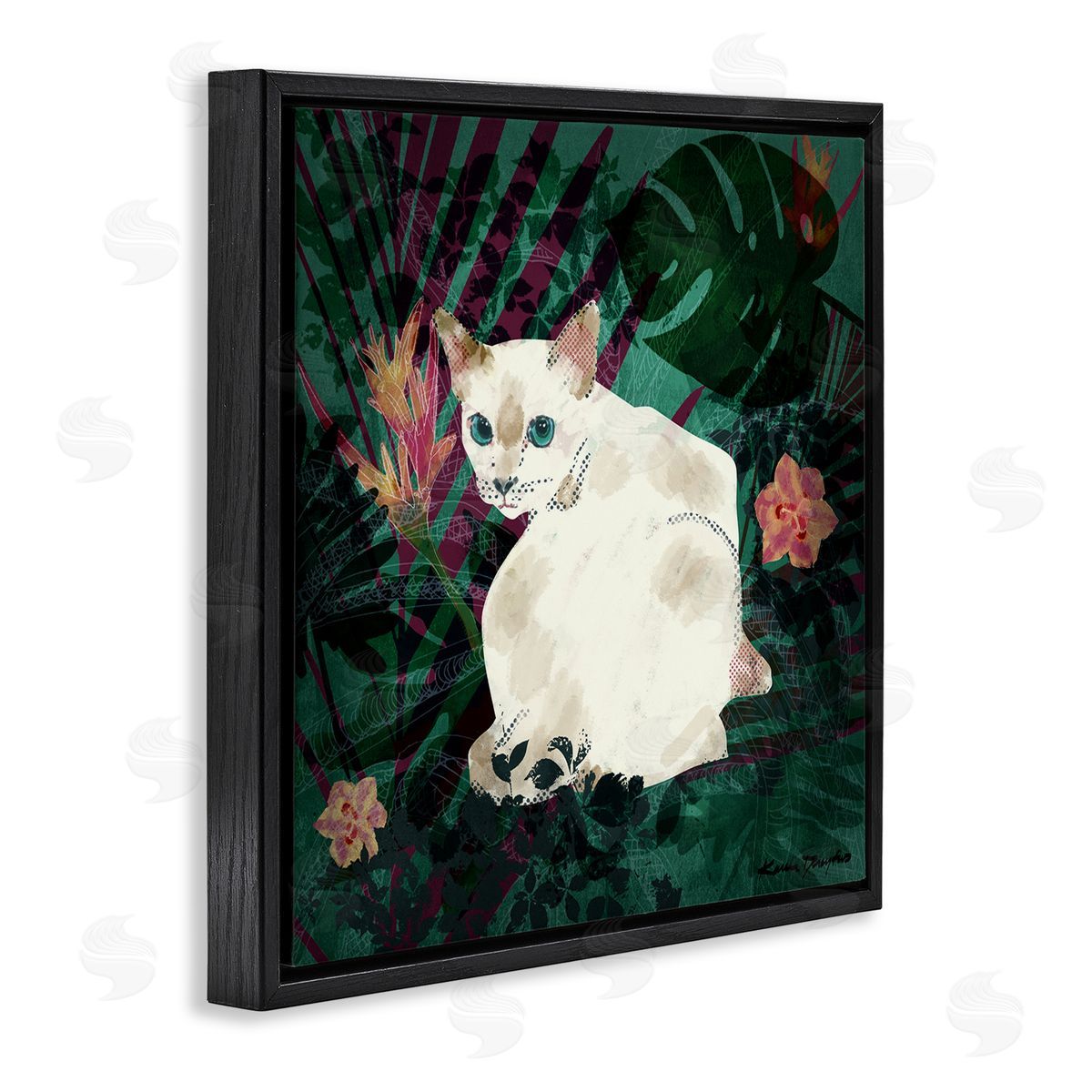 White Cat Flower Collage Black Floating Frame Canvas Wall Art, Home Decor by Karen Dreyfus