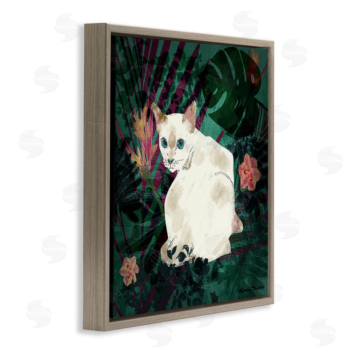White Cat Flower Collage Brown Floating Frame Canvas Wall Art, Home Decor by Karen Dreyfus
