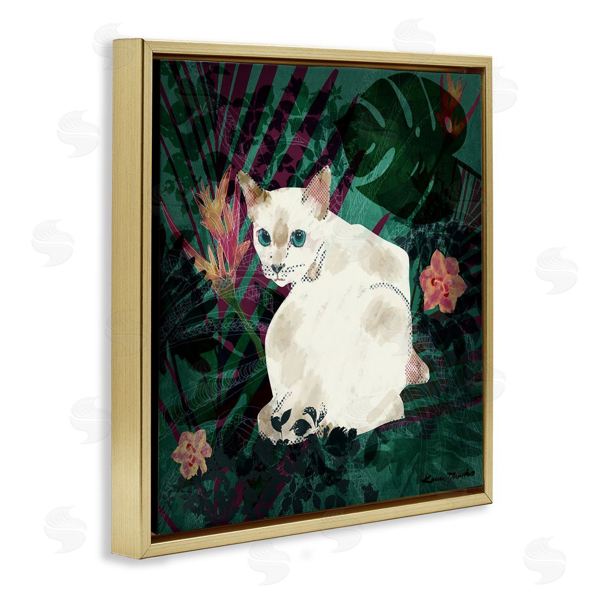 White Cat Flower Collage Gold Floating Frame Canvas Wall Art, Home Decor by Karen Dreyfus