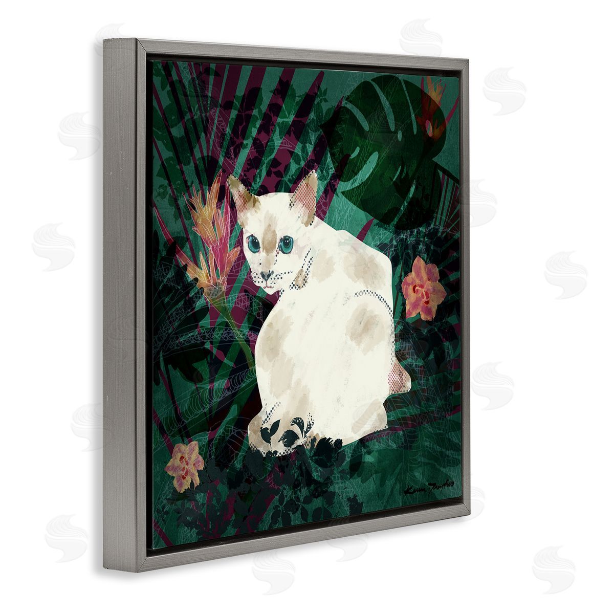 White Cat Flower Collage Grey Floating Frame Canvas Wall Art, Home Decor by Karen Dreyfus