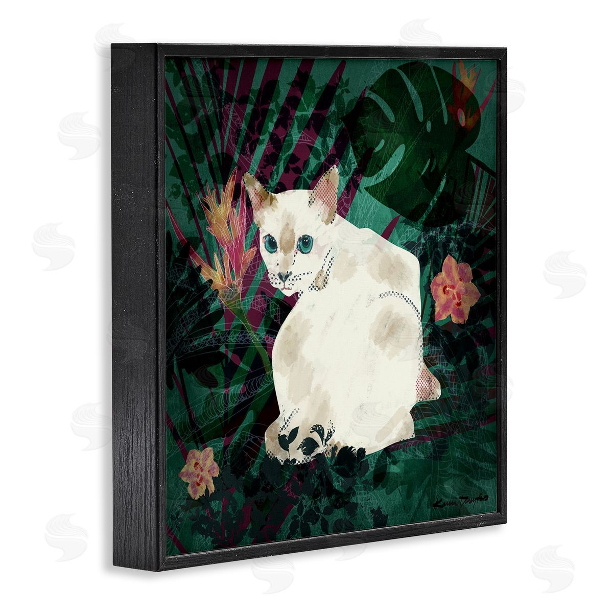 White Cat Flower Collage Black Frame Print Wall Art, Home Decor by Karen Dreyfus