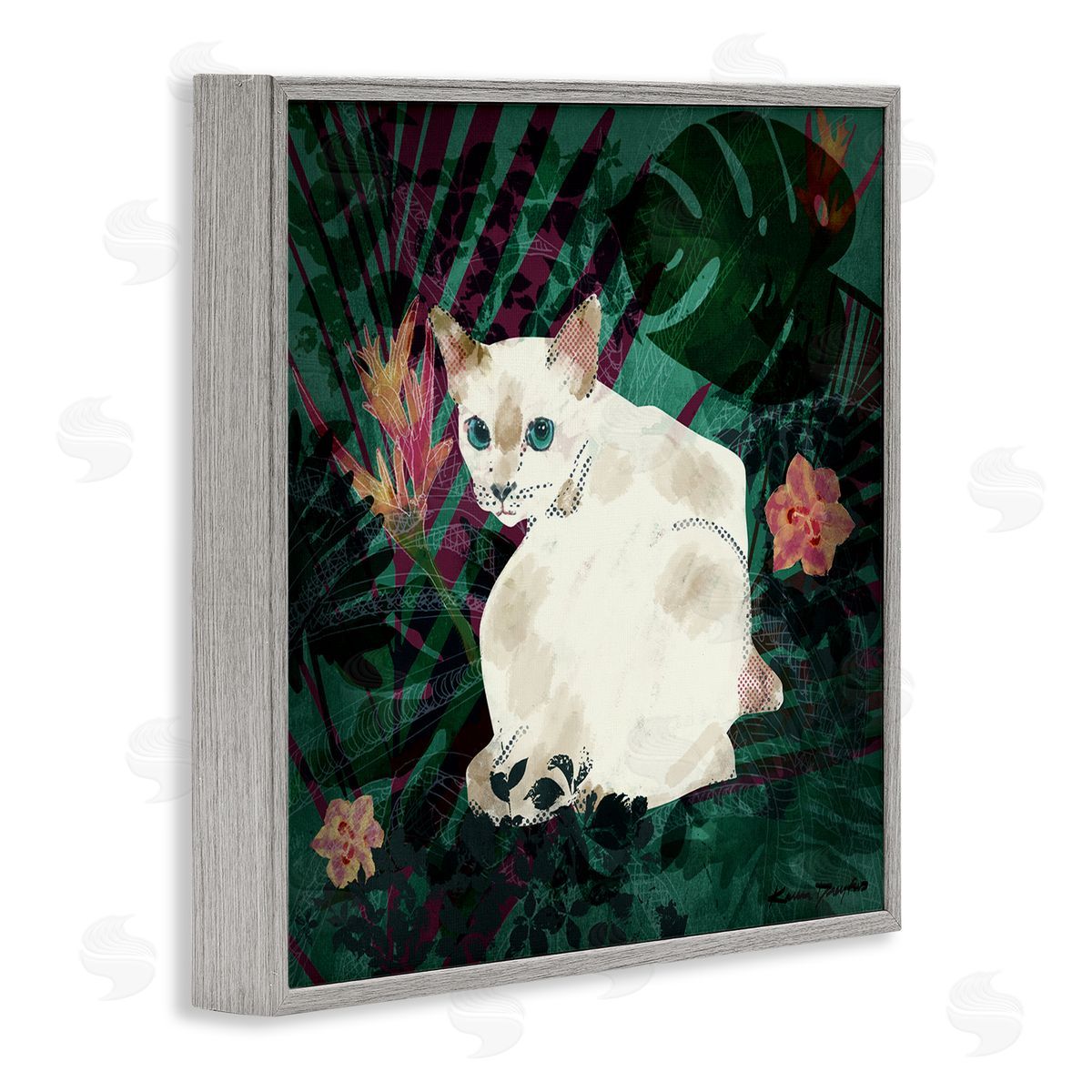 White Cat Flower Collage Grey Frame Print Wall Art, Home Decor by Karen Dreyfus