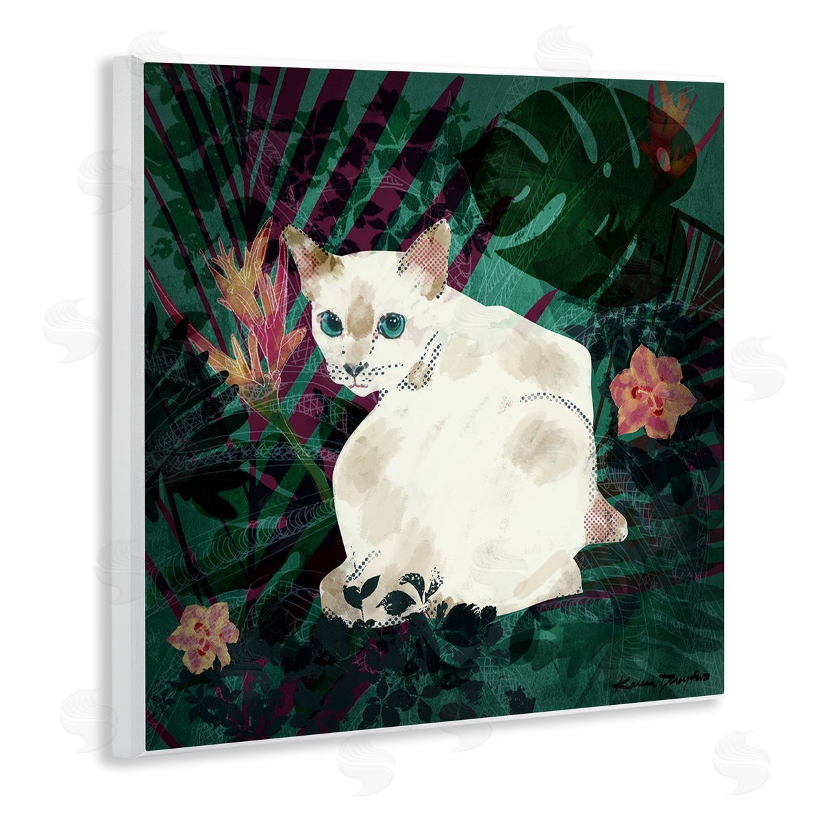 White Cat Flower Collage Wood Plaque Wall Art, Home Decor by Karen Dreyfus