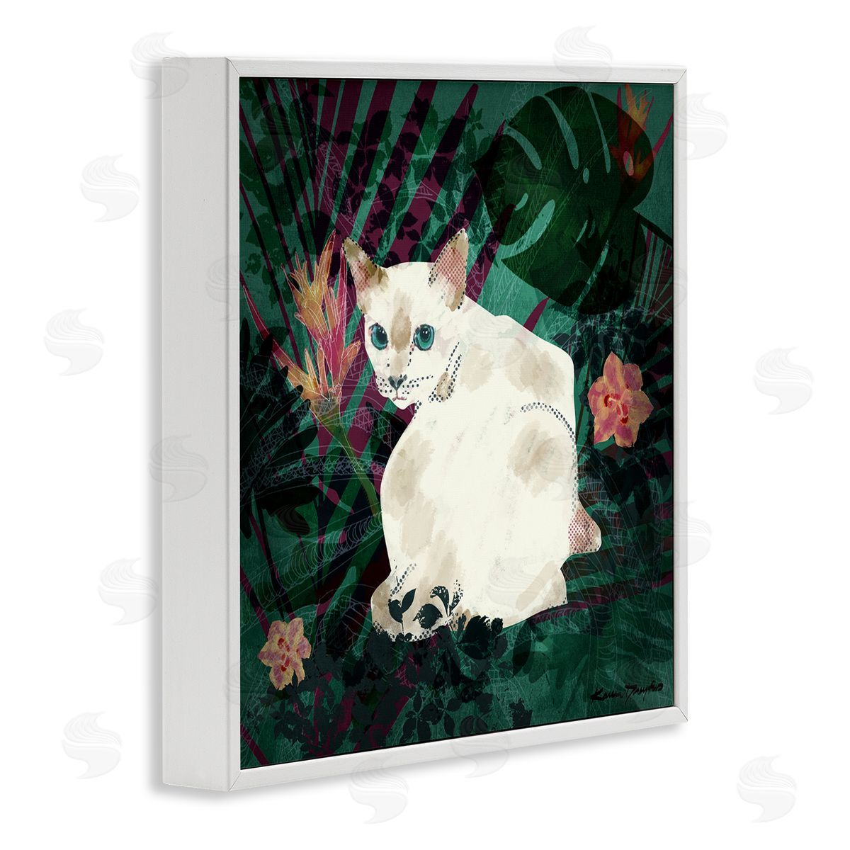 White Cat Flower Collage White Frame Print Wall Art, Home Decor by Karen Dreyfus
