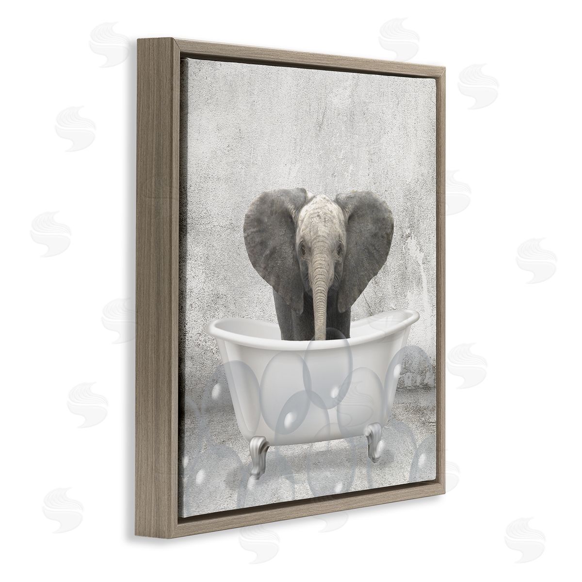 Baby Elephant Bath Time Brown Floating Frame Canvas Wall Art, Home Decor by Kim Allen