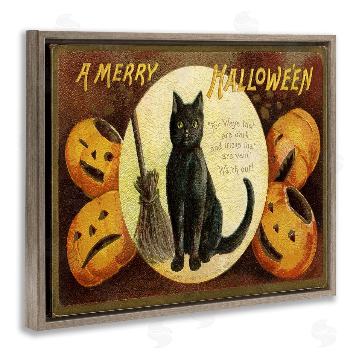 A Merry Halloween Black Cat Brown Floating Frame Canvas Wall Art, Home Decor by Stupell Studio