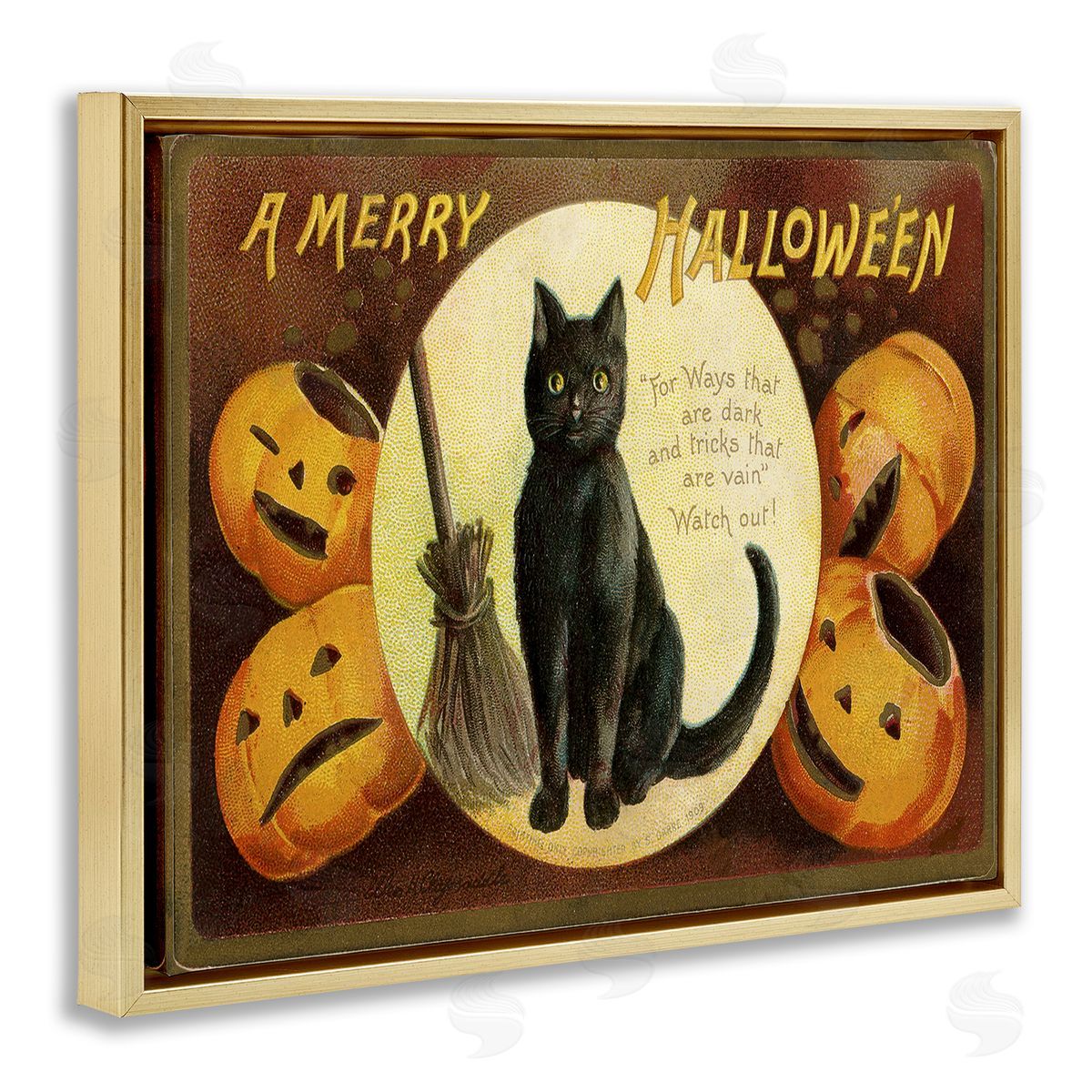 A Merry Halloween Black Cat Gold Floating Frame Canvas Wall Art, Home Decor by Stupell Studio
