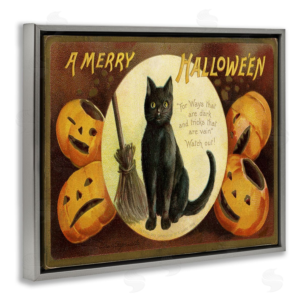 A Merry Halloween Black Cat Grey Floating Frame Canvas Wall Art, Home Decor by Stupell Studio