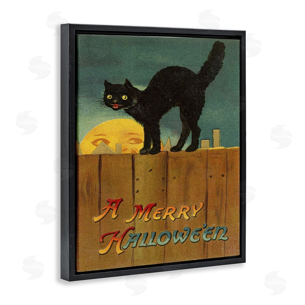 Merry Halloween Black Cat Fence Black Floating Frame Canvas Wall Art, Home Decor by Stupell Studio