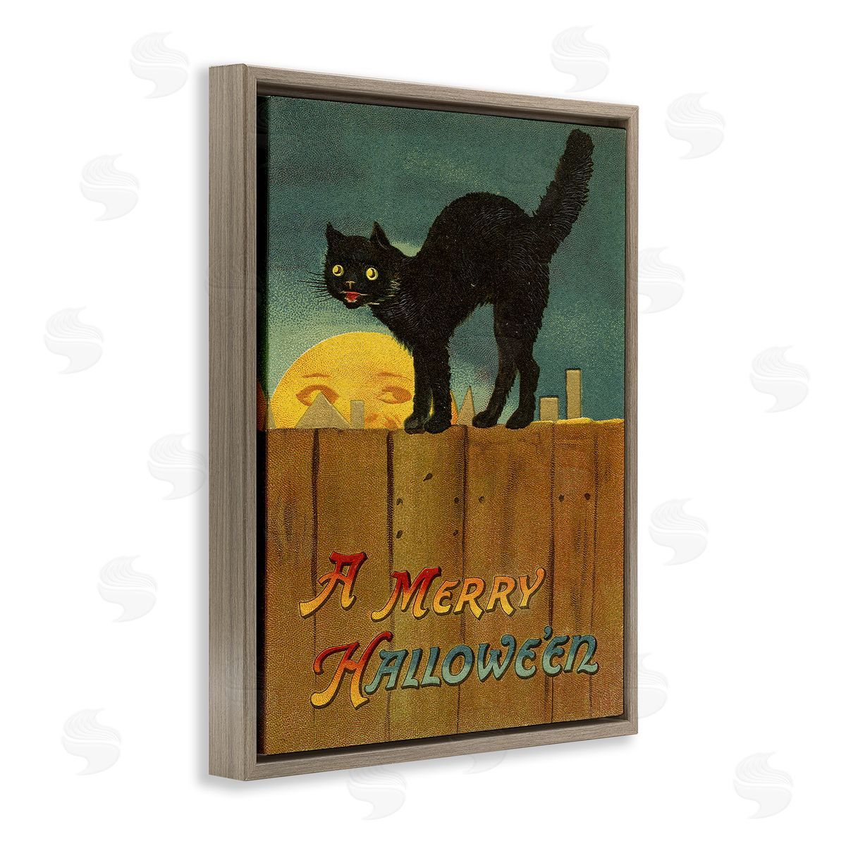 Merry Halloween Black Cat Fence Brown Floating Frame Canvas Wall Art, Home Decor by Stupell Studio