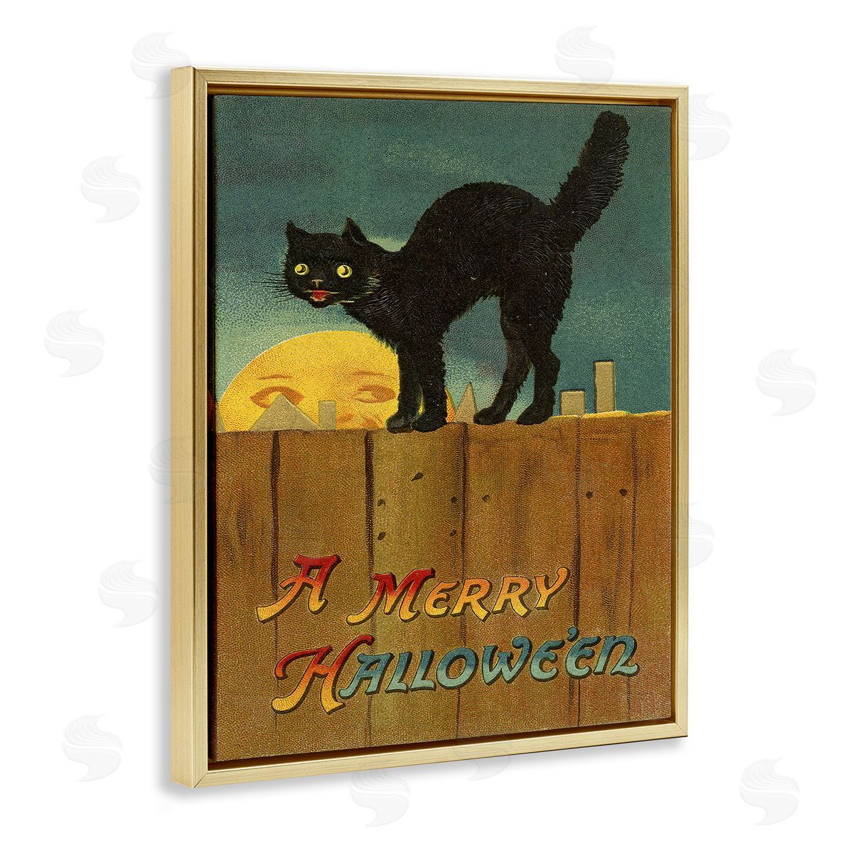 Merry Halloween Black Cat Fence Gold Floating Frame Canvas Wall Art, Home Decor by Stupell Studio