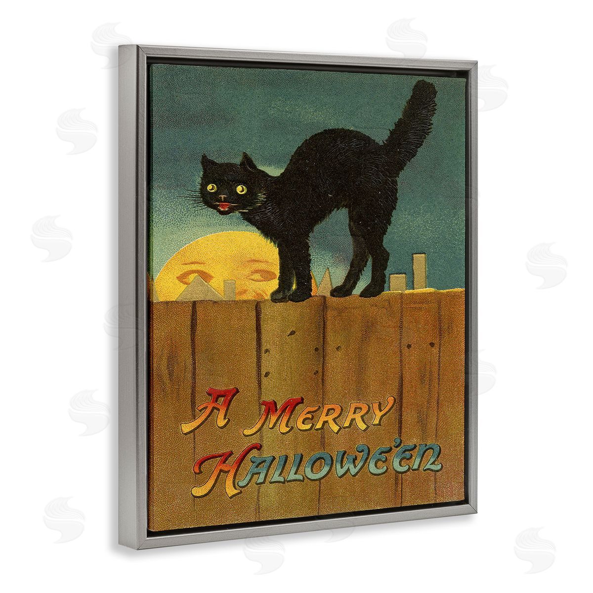 Merry Halloween Black Cat Fence Grey Floating Frame Canvas Wall Art, Home Decor by Stupell Studio