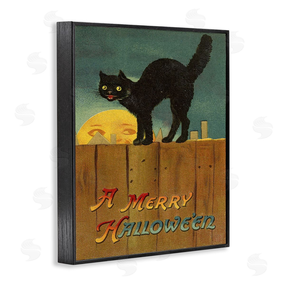 Merry Halloween Black Cat Fence Black Frame Print Wall Art, Home Decor by Stupell Studio