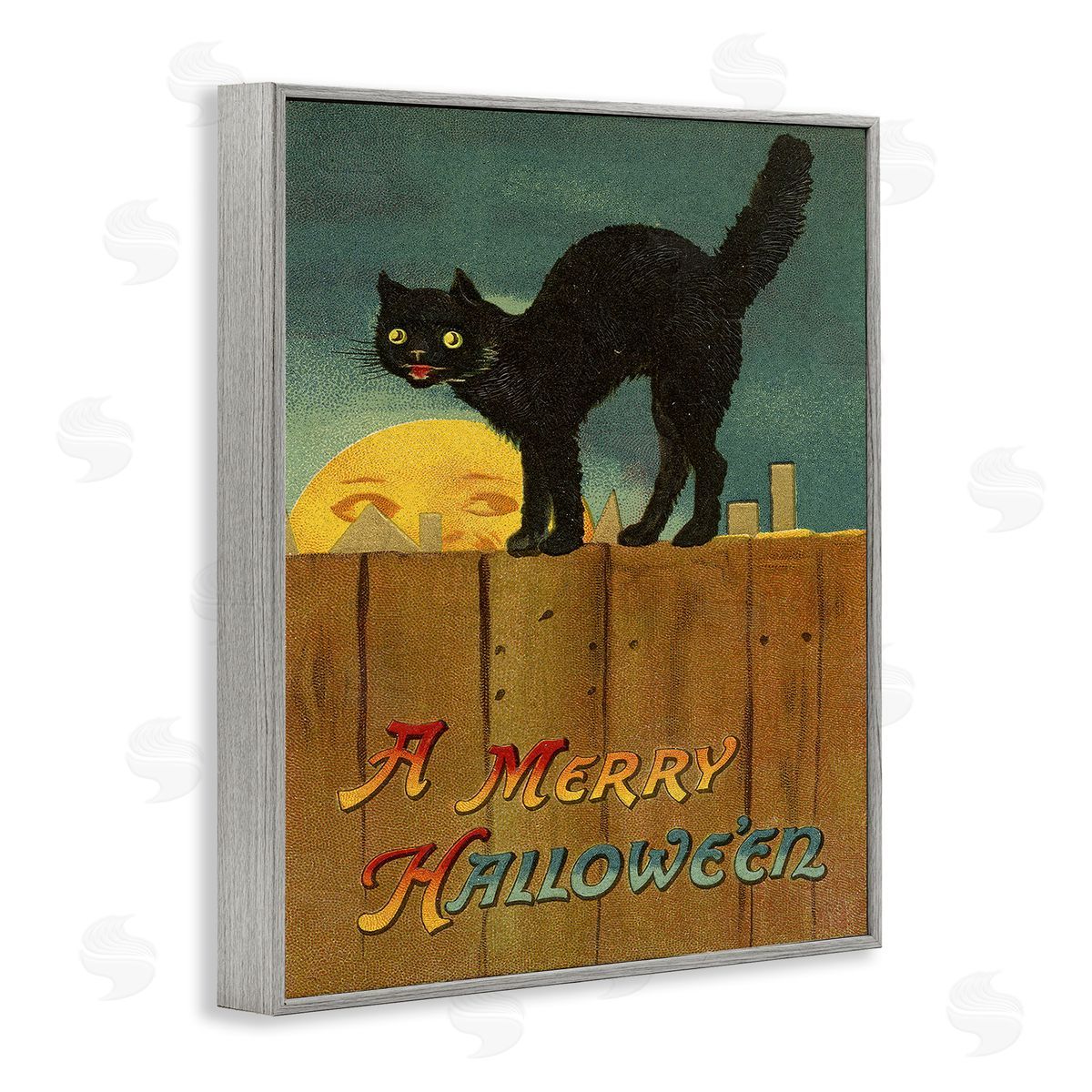 Merry Halloween Black Cat Fence Grey Frame Print Wall Art, Home Decor by Stupell Studio