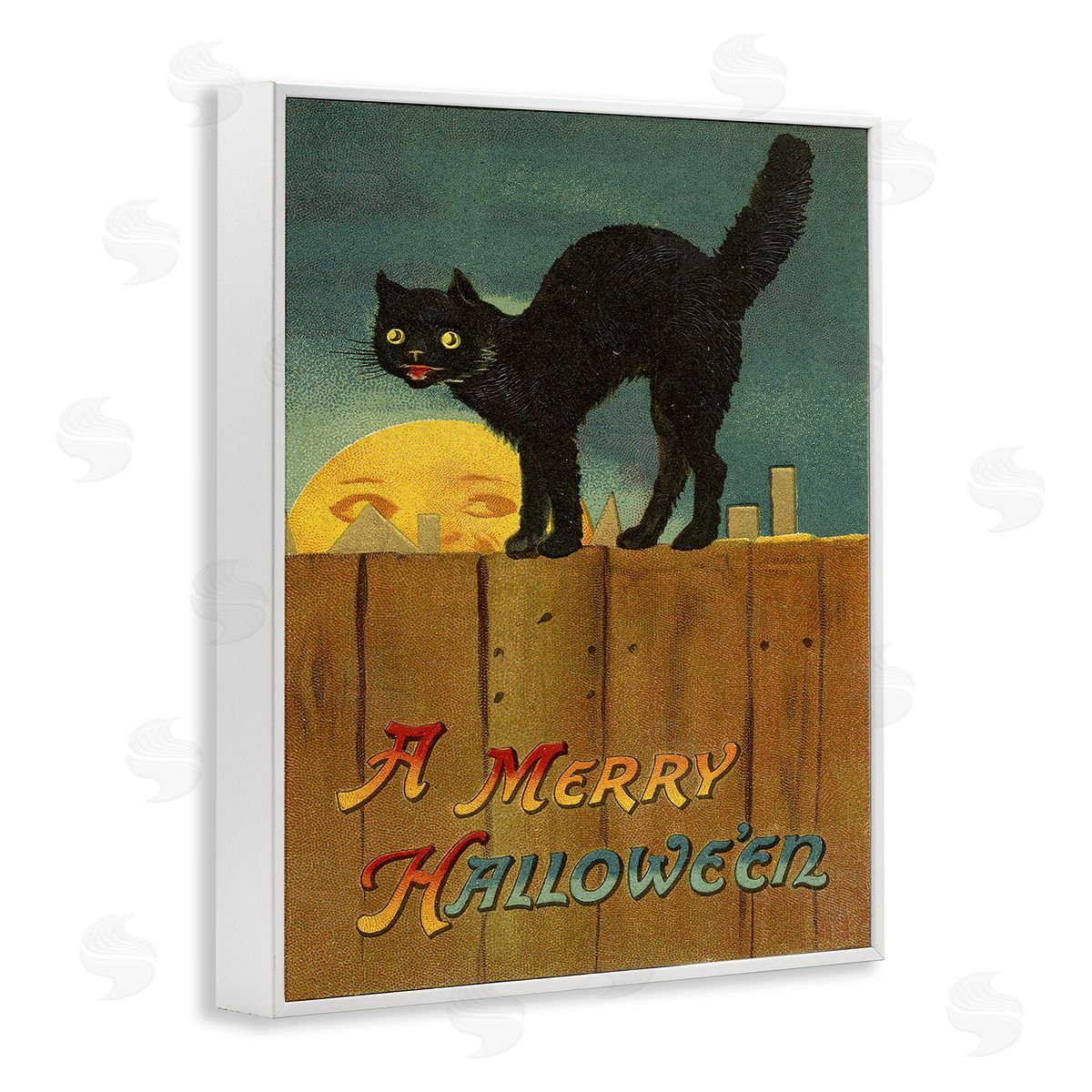 Merry Halloween Black Cat Fence White Frame Print Wall Art, Home Decor by Stupell Studio