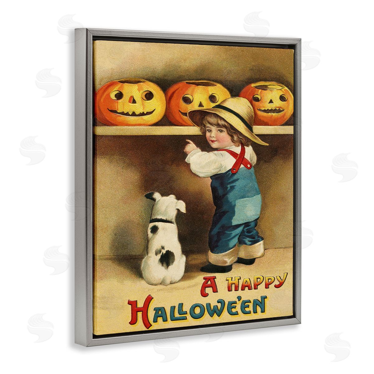 Happy Halloween Child & Dog Grey Floating Frame Canvas Wall Art, Home Decor by Stupell Studio