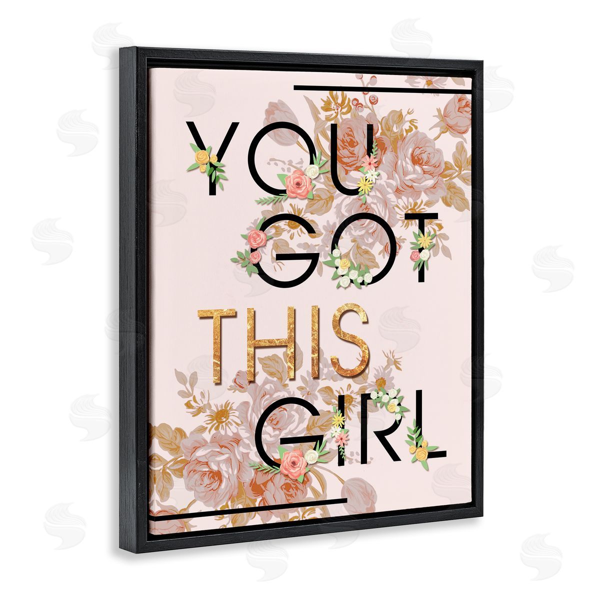 You Got This Girl Floral Glam Black Floating Frame Canvas Wall Art, Home Decor by Ziwei Li
