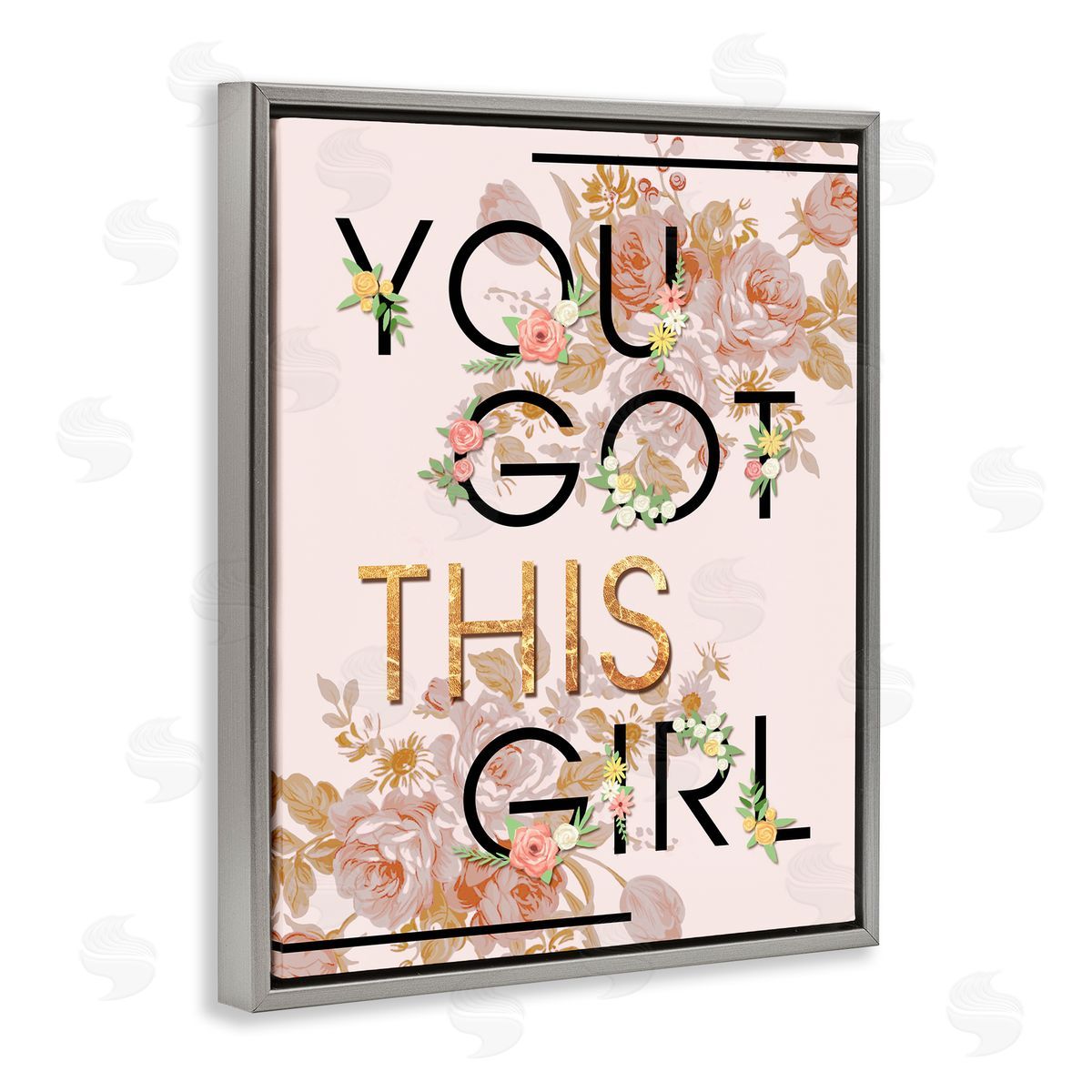 You Got This Girl Floral Glam Grey Floating Frame Canvas Wall Art, Home Decor by Ziwei Li