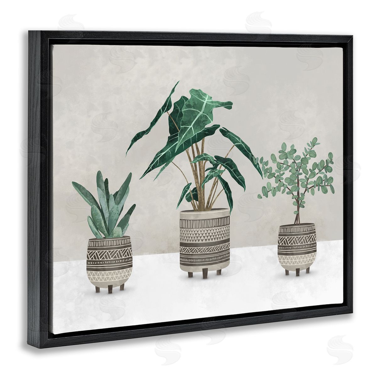 Plants In Patterned Pots Black Floating Frame Canvas Wall Art, Home Decor by Ziwei Li
