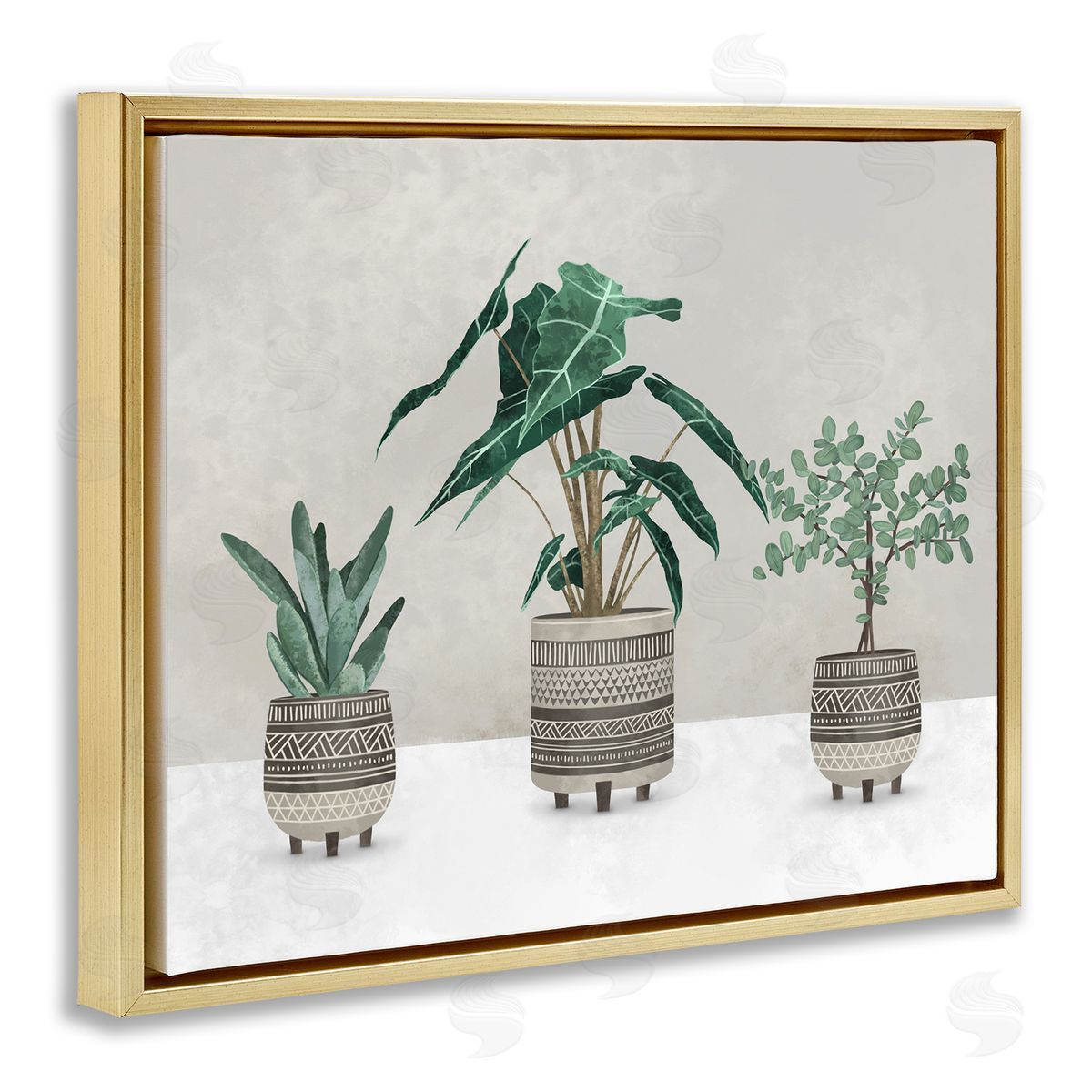 Plants In Patterned Pots Gold Floating Frame Canvas Wall Art, Home Decor by Ziwei Li
