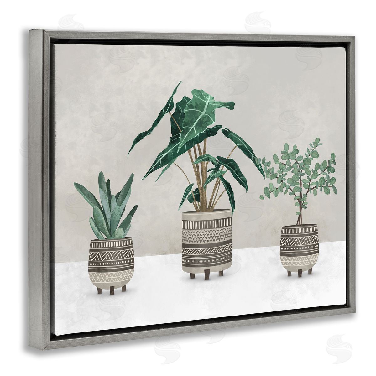 Plants In Patterned Pots Grey Floating Frame Canvas Wall Art, Home Decor by Ziwei Li