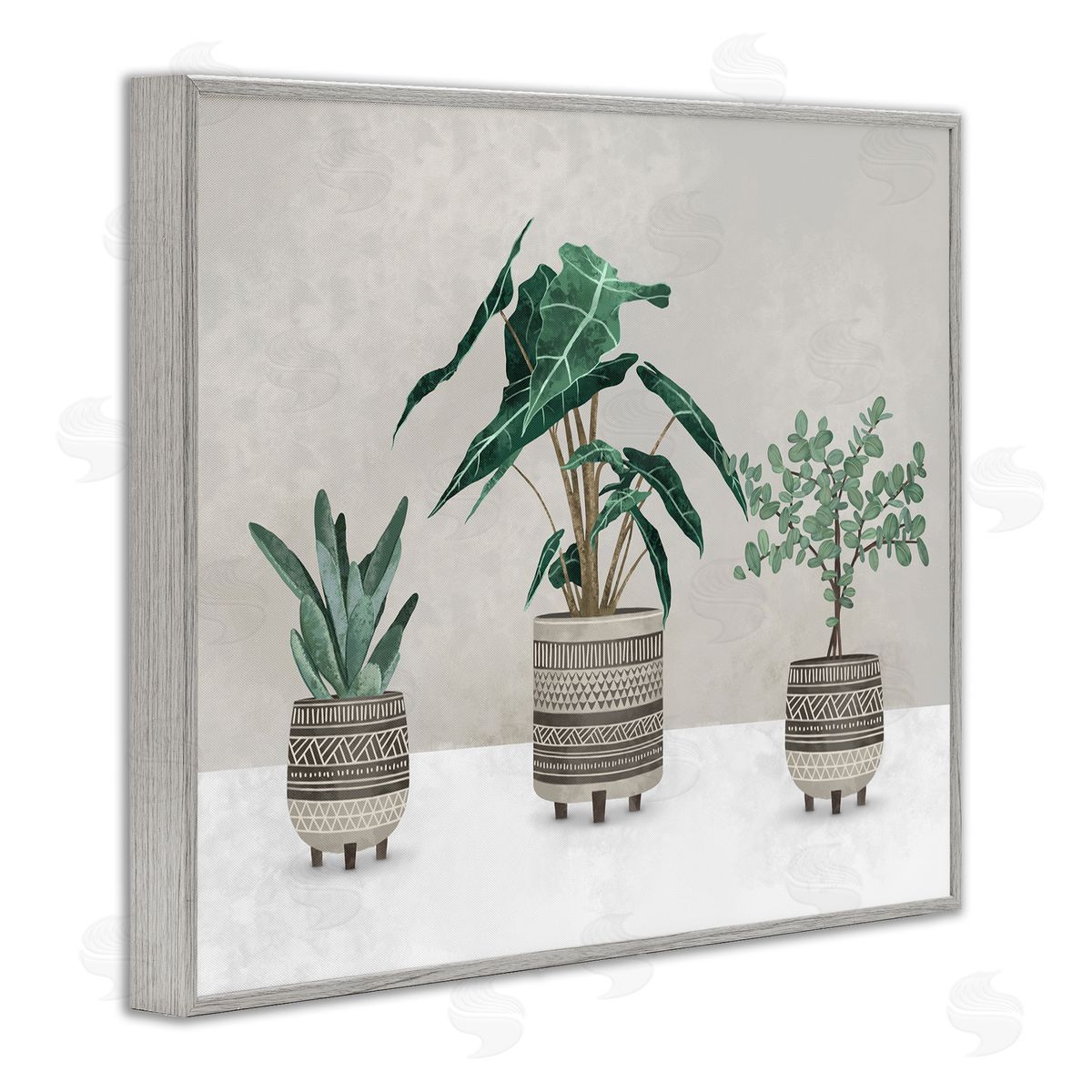 Plants In Patterned Pots Grey Frame Print Wall Art, Home Decor by Ziwei Li