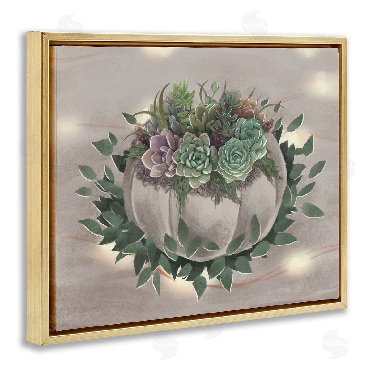 Succulent Bundle Green Purple Gold Floating Frame Canvas Wall Art, Home Decor by Ziwei Li
