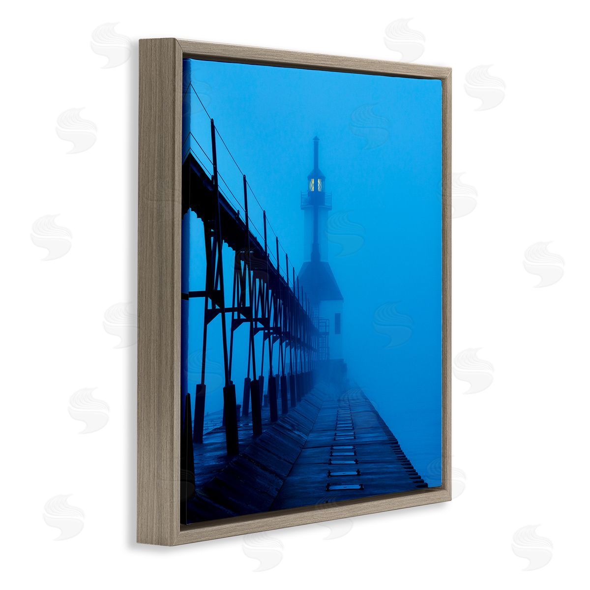 Lighthouse In The Fog Brown Floating Frame Canvas Wall Art, Home Decor by James McLoughlin