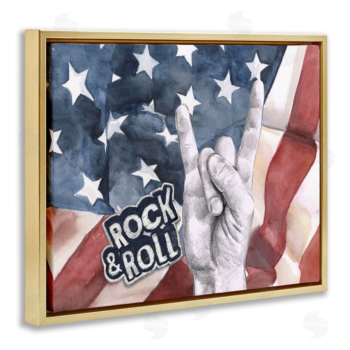 Rock And Roll American Flag Gold Floating Frame Canvas Wall Art, Home Decor by Jennifer Paxton Parker