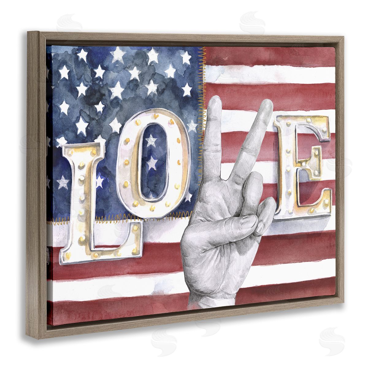 Love Peace Sign American Flag Brown Floating Frame Canvas Wall Art, Home Decor by Jennifer Paxton Parker