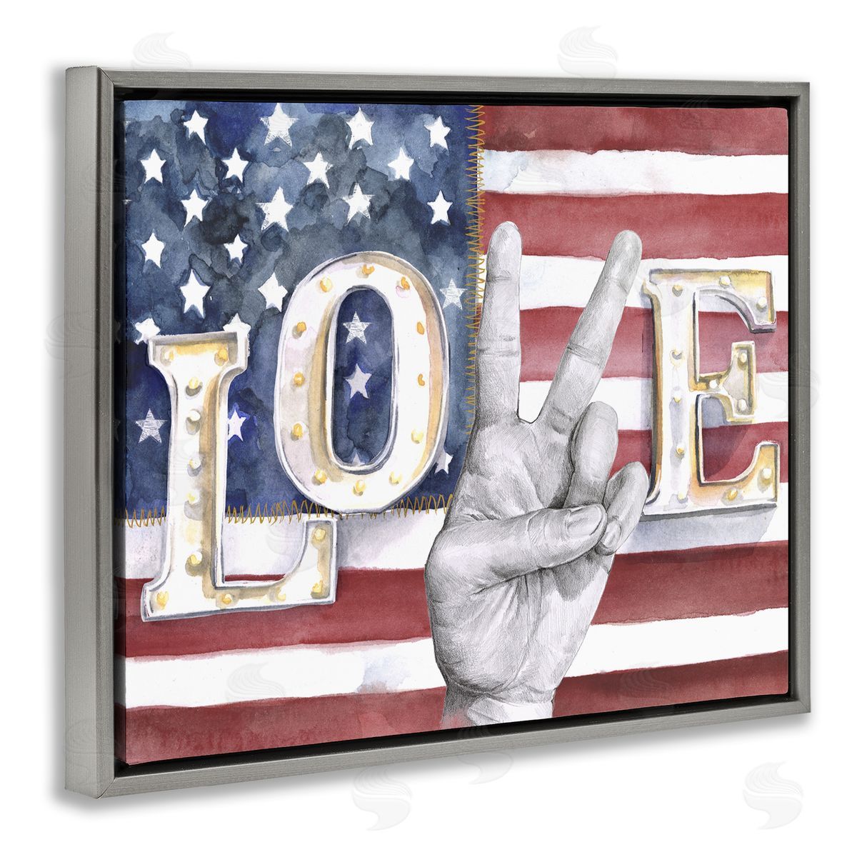 Love Peace Sign American Flag Grey Floating Frame Canvas Wall Art, Home Decor by Jennifer Paxton Parker
