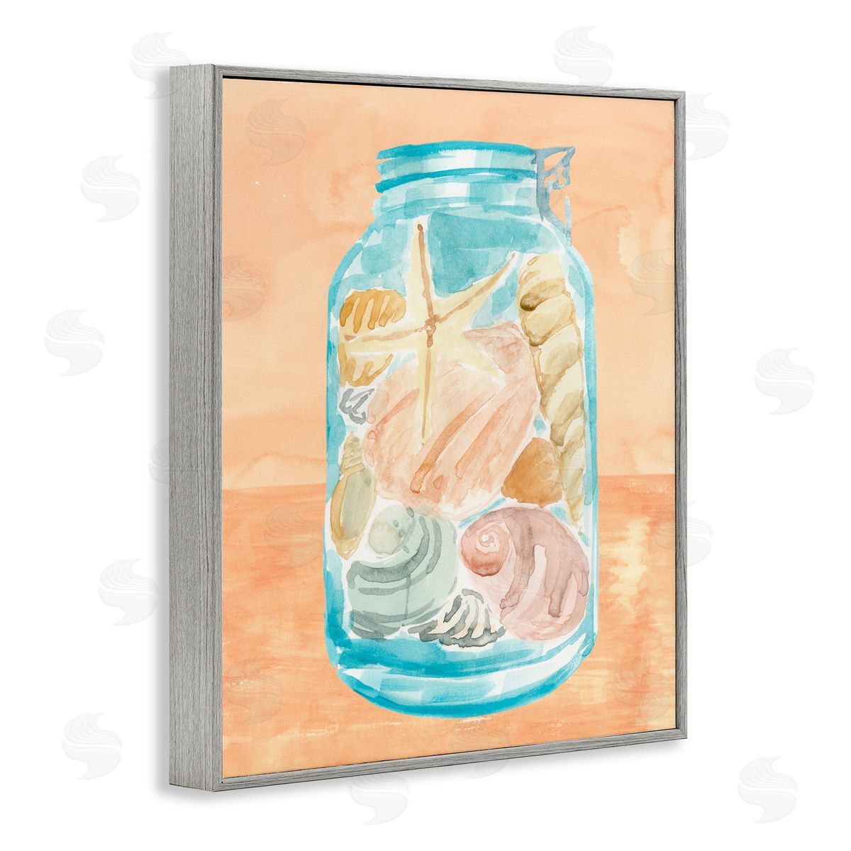 Beach Shells In Jar Blue Orange Grey Frame Print Wall Art, Home Decor by Annie Warren