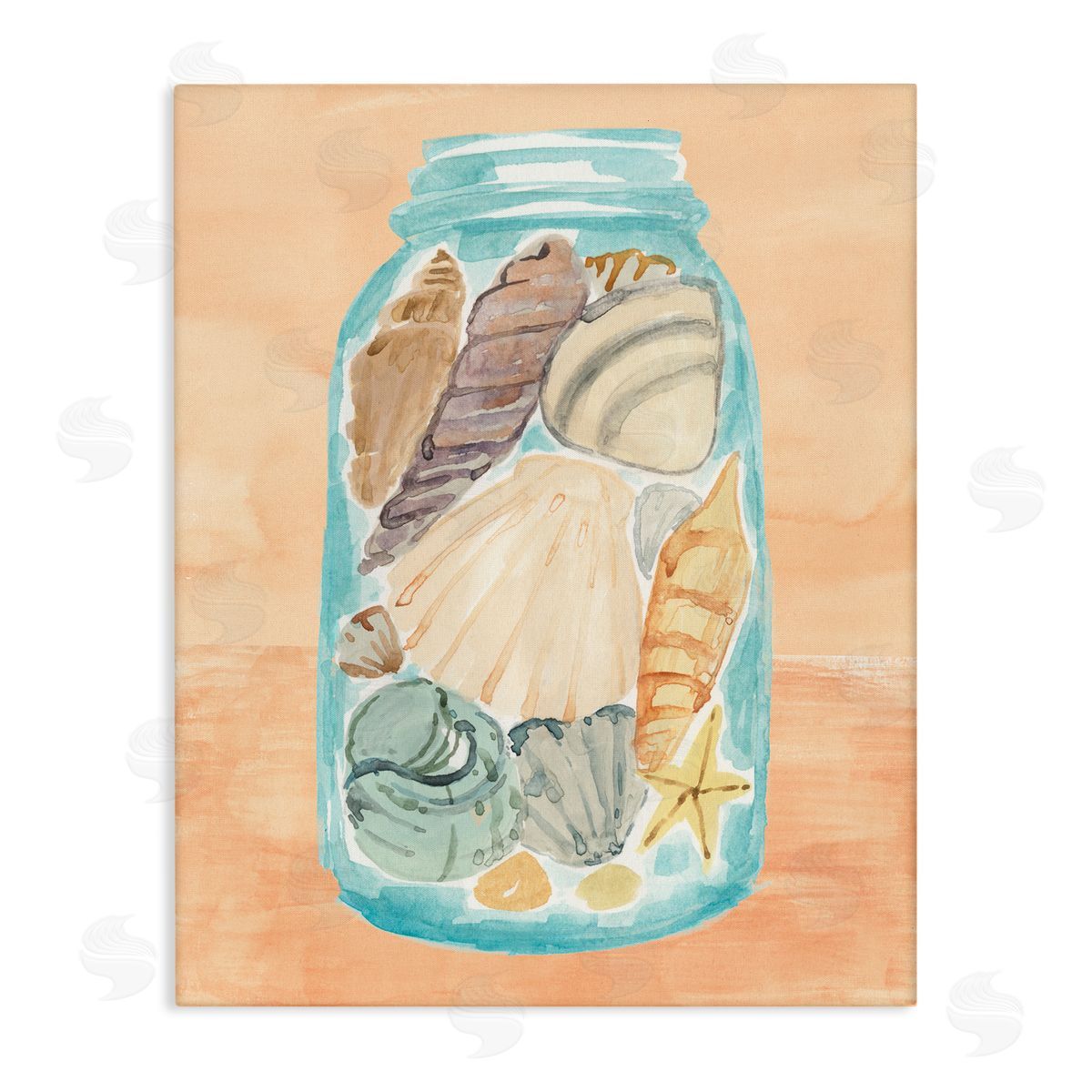 Beach Shells In Jar Orange Blue Canvas Wall Art, Home Decor by Annie Warren