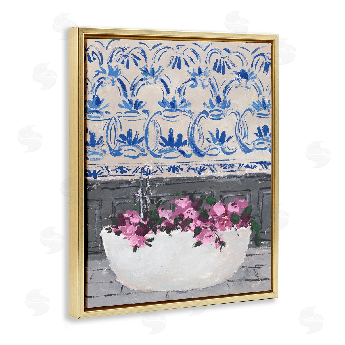 Flowers In Bath Tub Interior Gold Floating Frame Canvas Wall Art, Home Decor by Melissa Wang