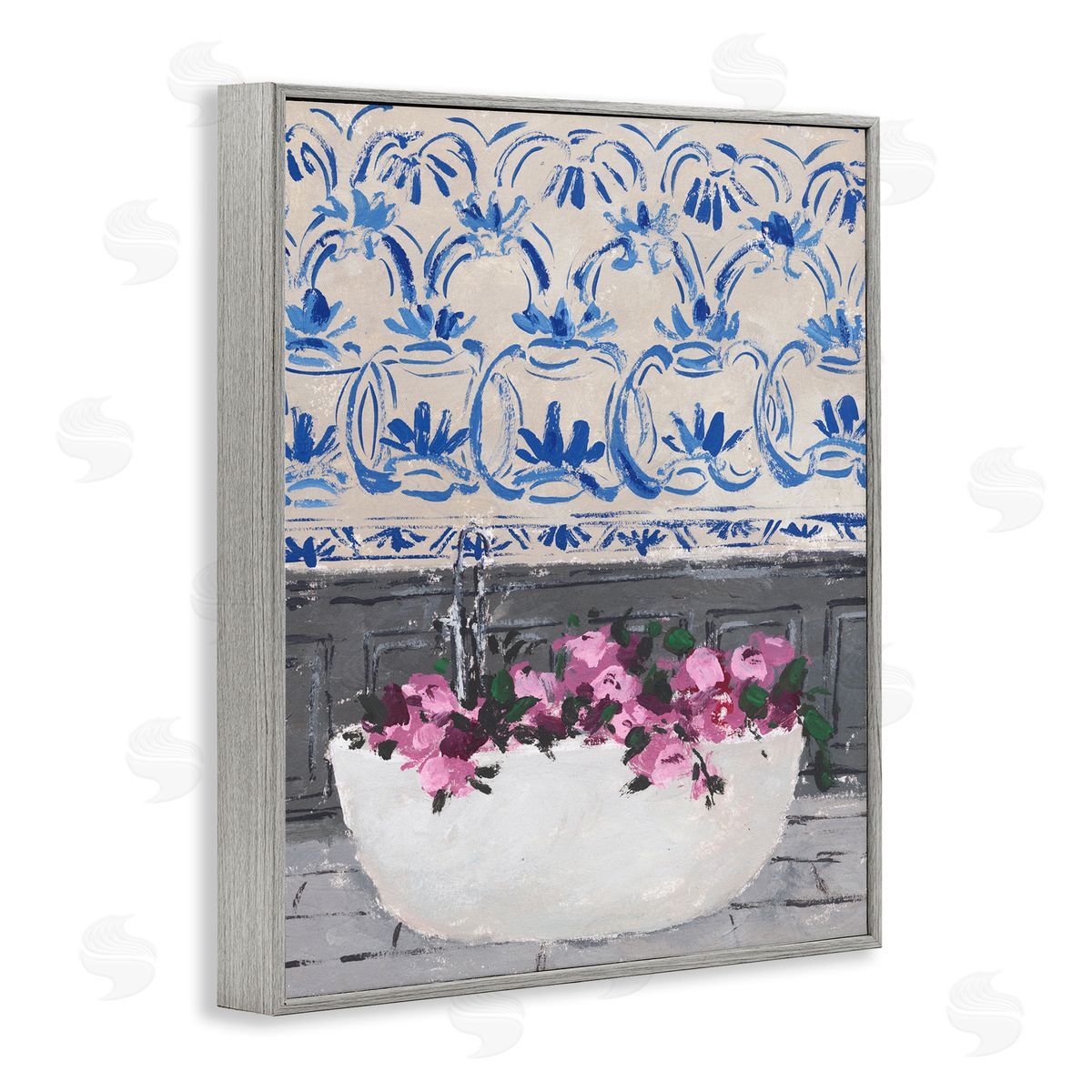 Flowers In Bath Tub Interior Grey Frame Print Wall Art, Home Decor by Melissa Wang
