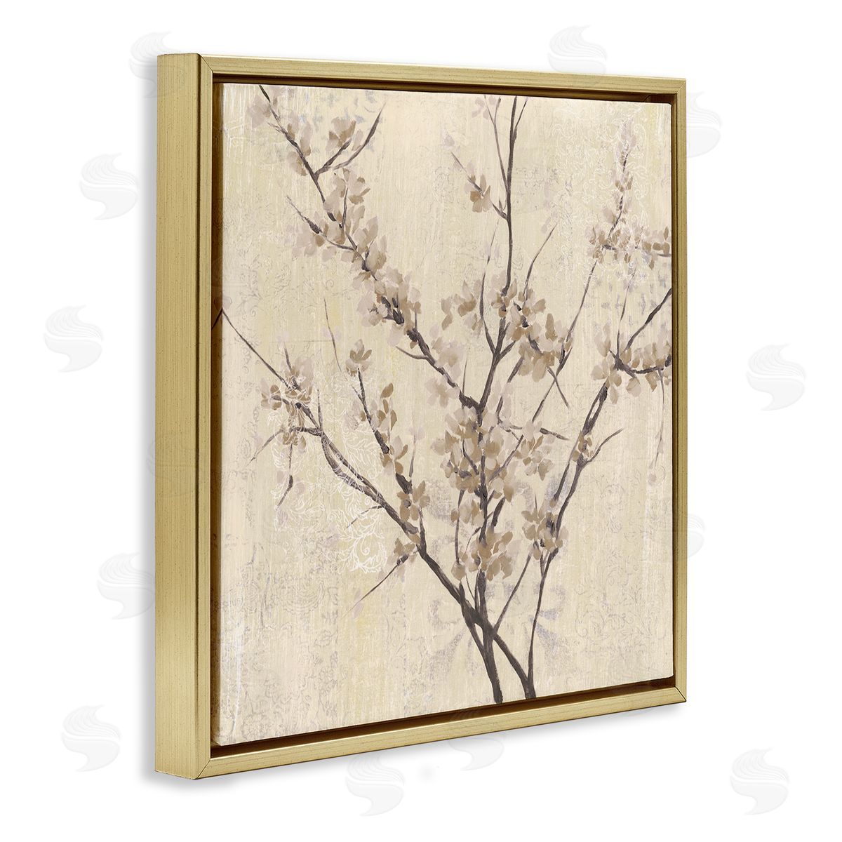 Sepia Branches And Leaves Gold Floating Frame Canvas Wall Art, Home Decor by Jennifer Goldberger