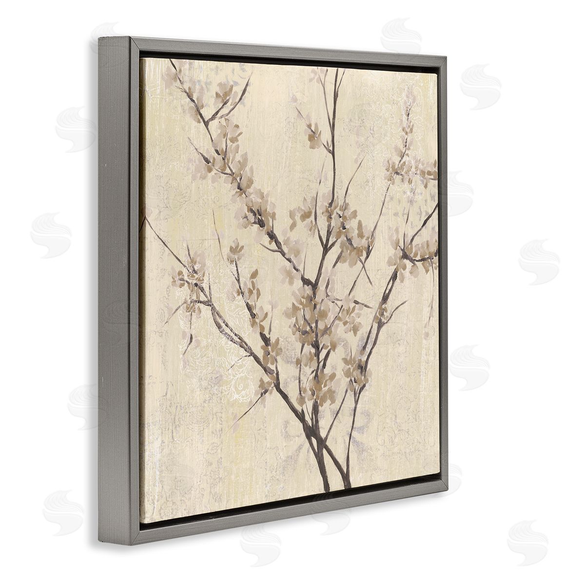 Sepia Branches And Leaves Grey Floating Frame Canvas Wall Art, Home Decor by Jennifer Goldberger