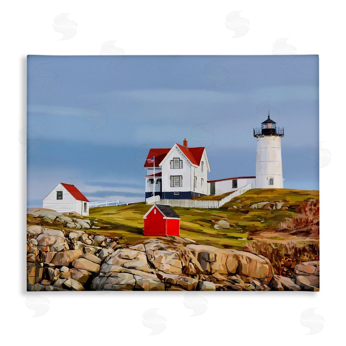 Lighthouse On Hill Green Red Canvas Wall Art, Home Decor by Emily Kalina