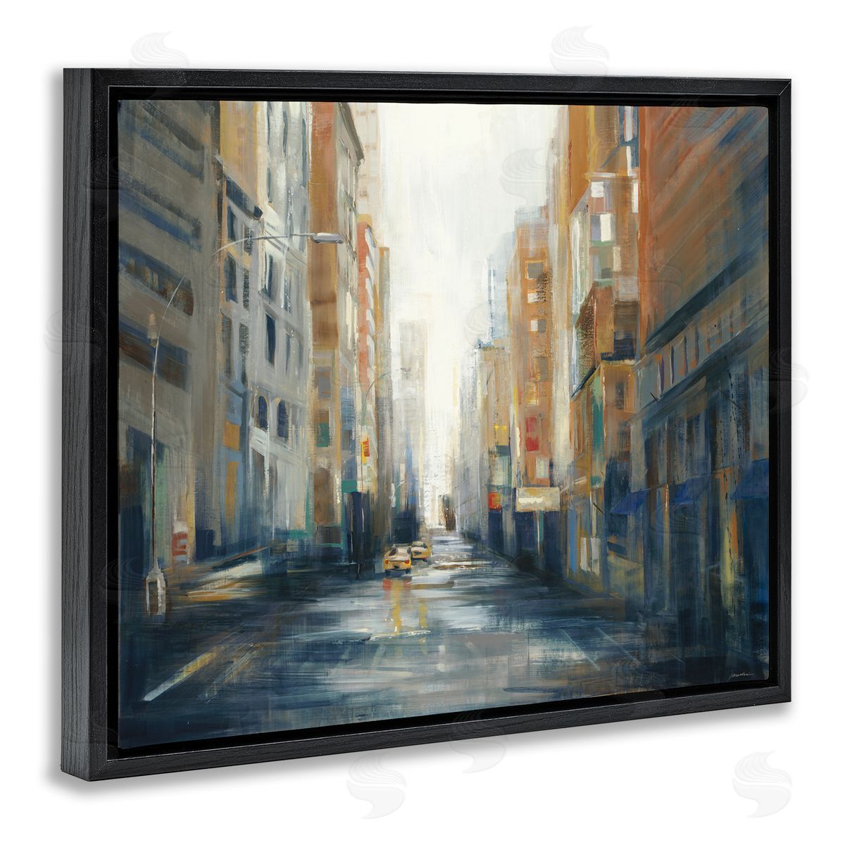 Cityscape Street After Rain Black Floating Frame Canvas Wall Art, Home Decor by Liz Jardine