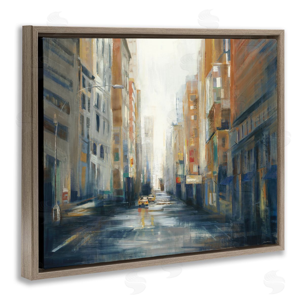 Cityscape Street After Rain Brown Floating Frame Canvas Wall Art, Home Decor by Liz Jardine