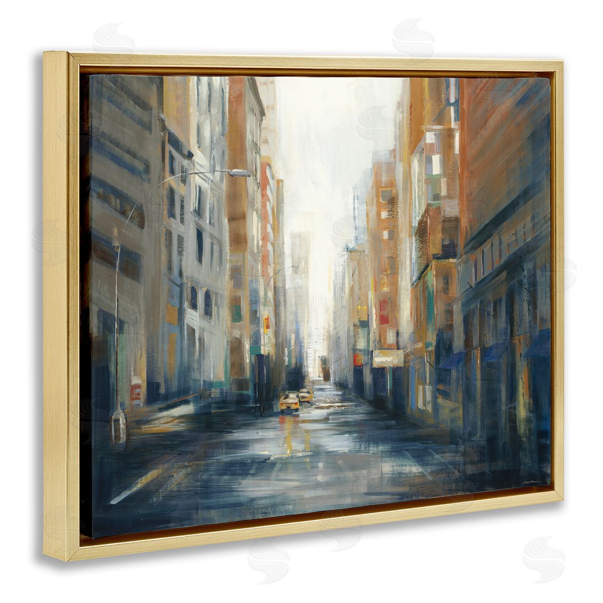Cityscape Street After Rain Gold Floating Frame Canvas Wall Art, Home Decor by Liz Jardine