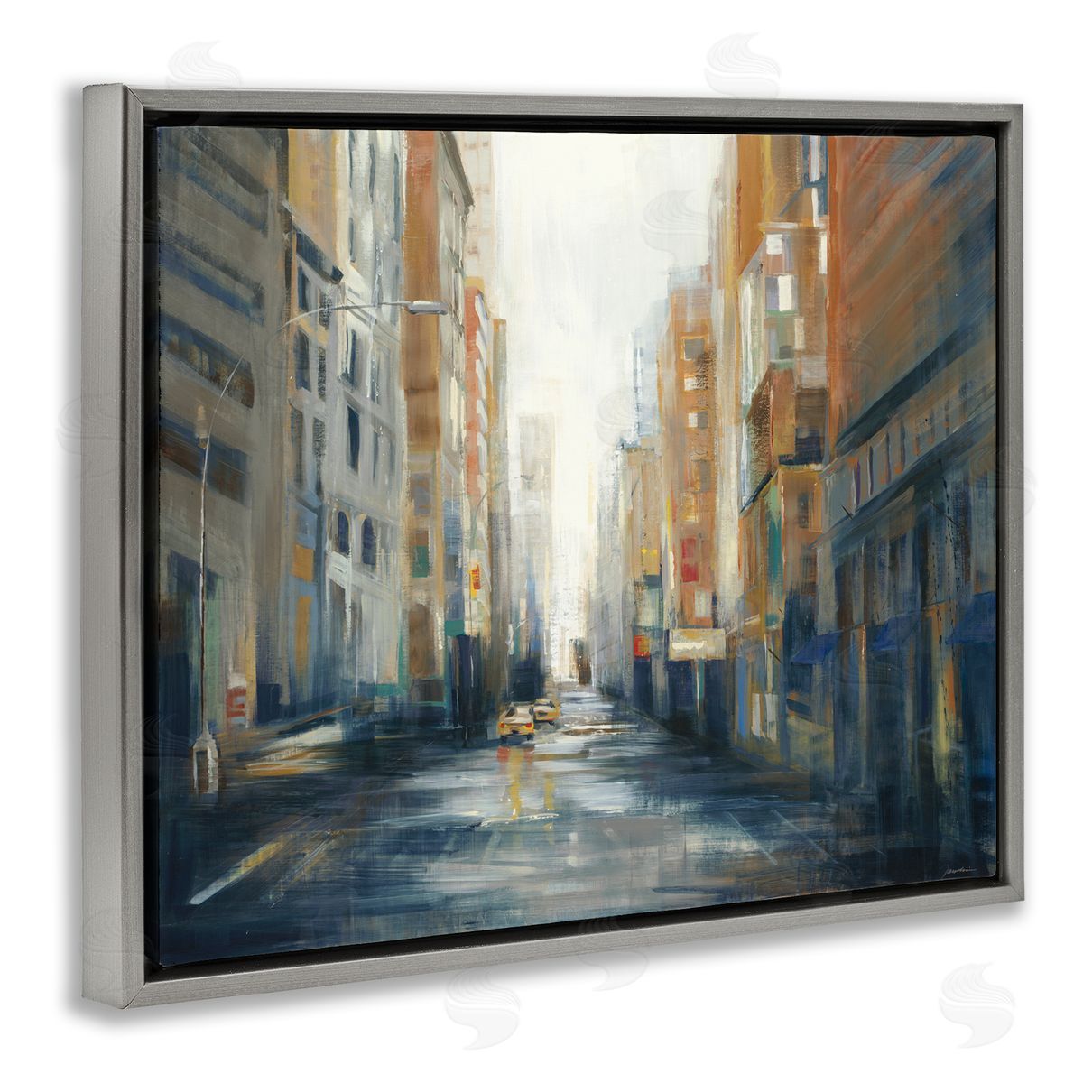 Cityscape Street After Rain Grey Floating Frame Canvas Wall Art, Home Decor by Liz Jardine