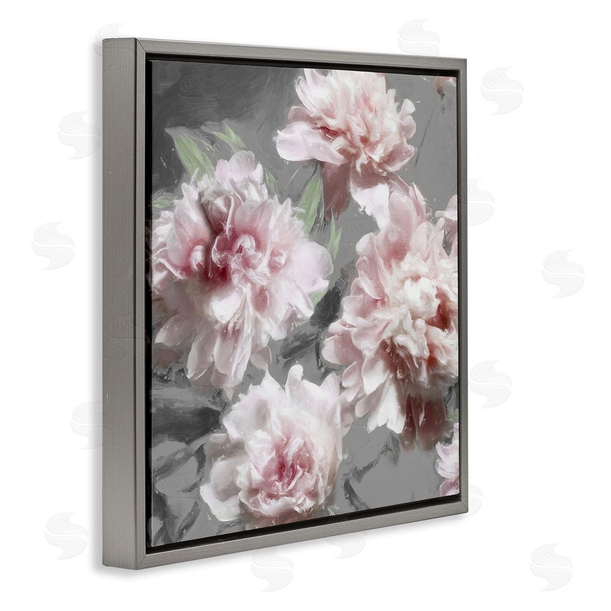 Pink Flowers On Neutral Grey Floating Frame Canvas Wall Art, Home Decor by Shawna Sullivan